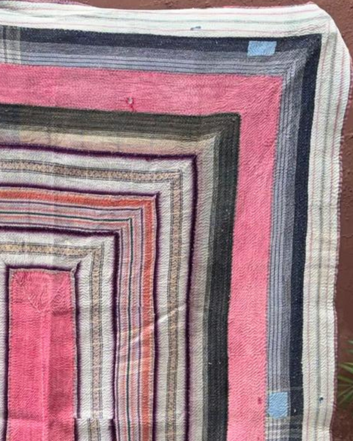 Vintage Hand-Embroidered Kantha Throw – Deep Red & Navy Sari with Windowpane Stitching