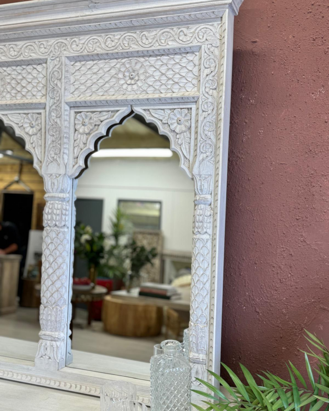 Hand-Carved Mango Wood Three Arch Mirror – Indian Petal & Leaf Design