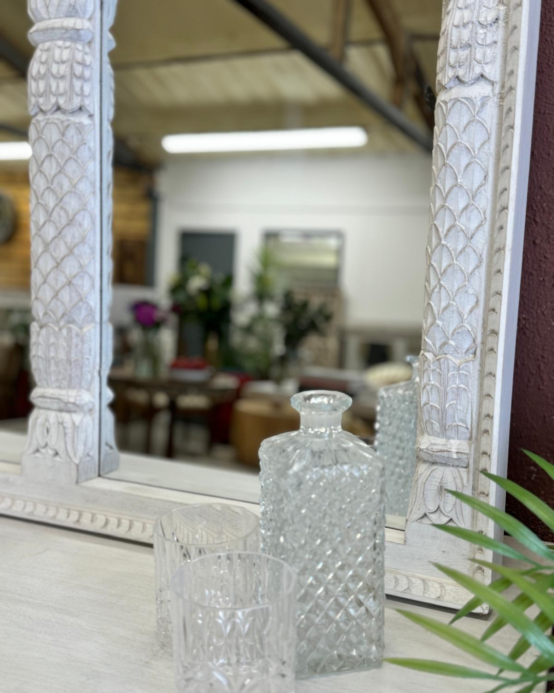 Hand-Carved Mango Wood Three Arch Mirror – Indian Petal & Leaf Design