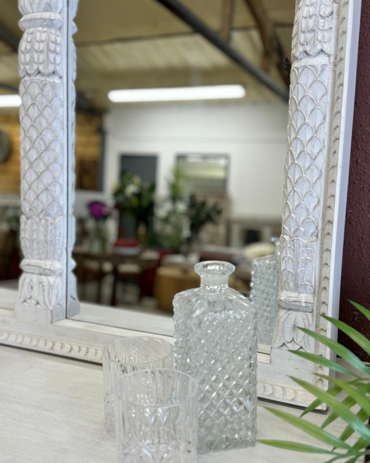 Hand-Carved Mango Wood Three Arch Mirror – Indian Petal & Leaf Design