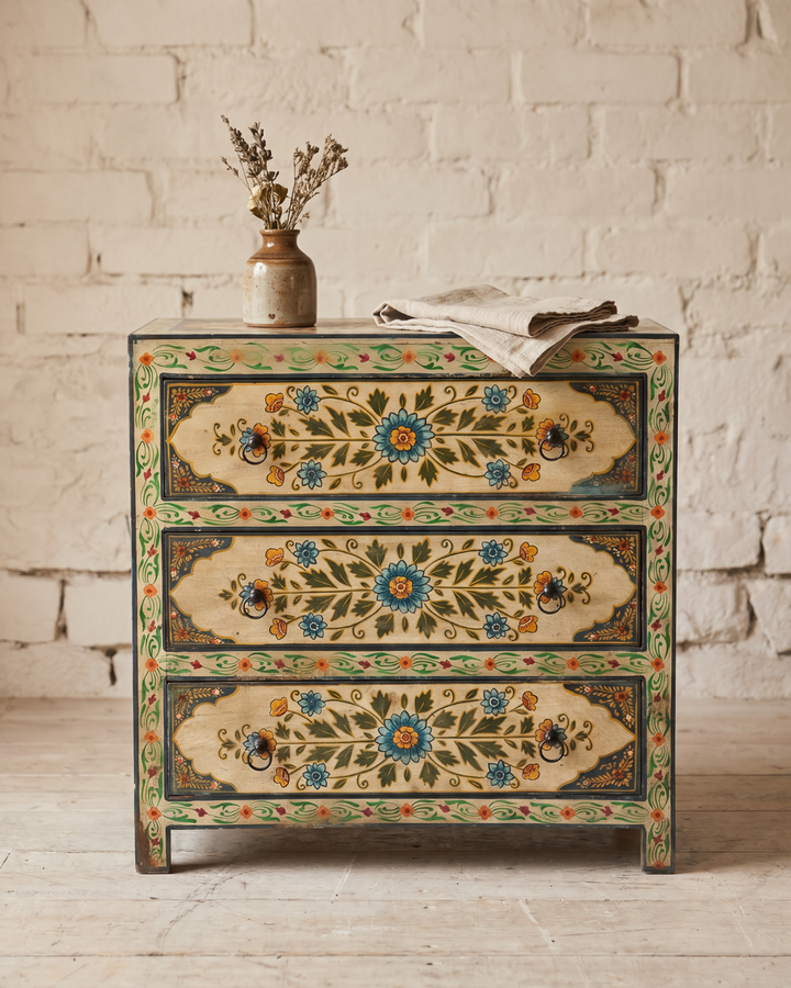 Hand-Painted Floral Mango Wood Chest of Drawers – Three Drawer Cabinet