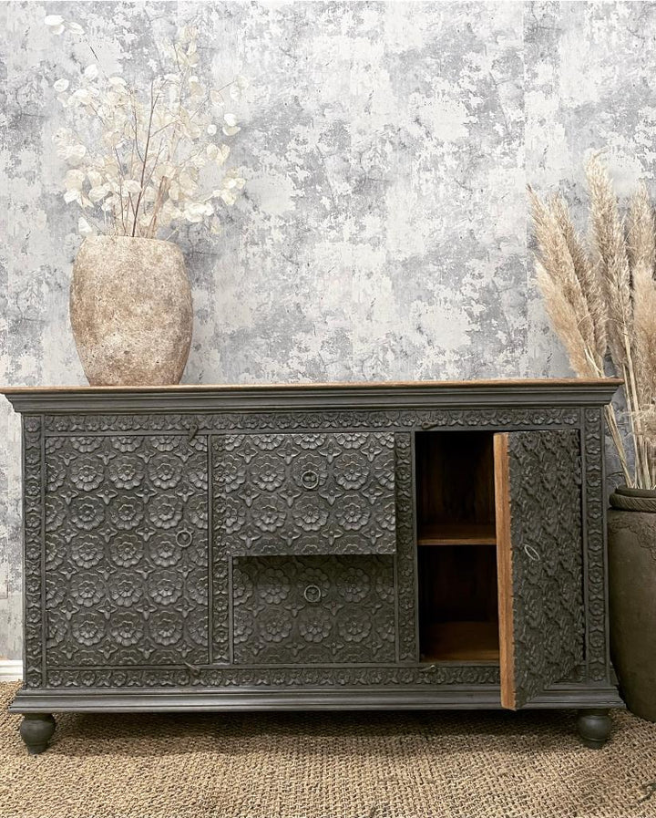 Hand Carved Sideboard with Ornate Flower Carvings in Grey - (KHSD38GN)