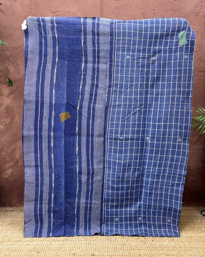 Vintage Hand-Embroidered Kantha Throw – Deep Red & Navy Sari with Windowpane Stitching