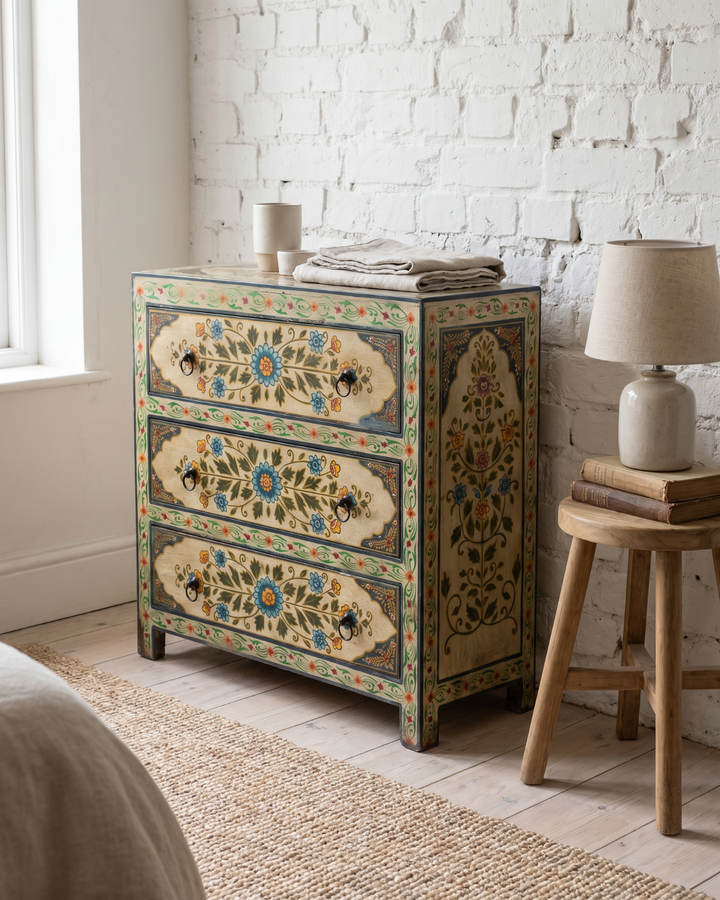 Hand-Painted Floral Mango Wood Chest of Drawers – Three Drawer Cabinet