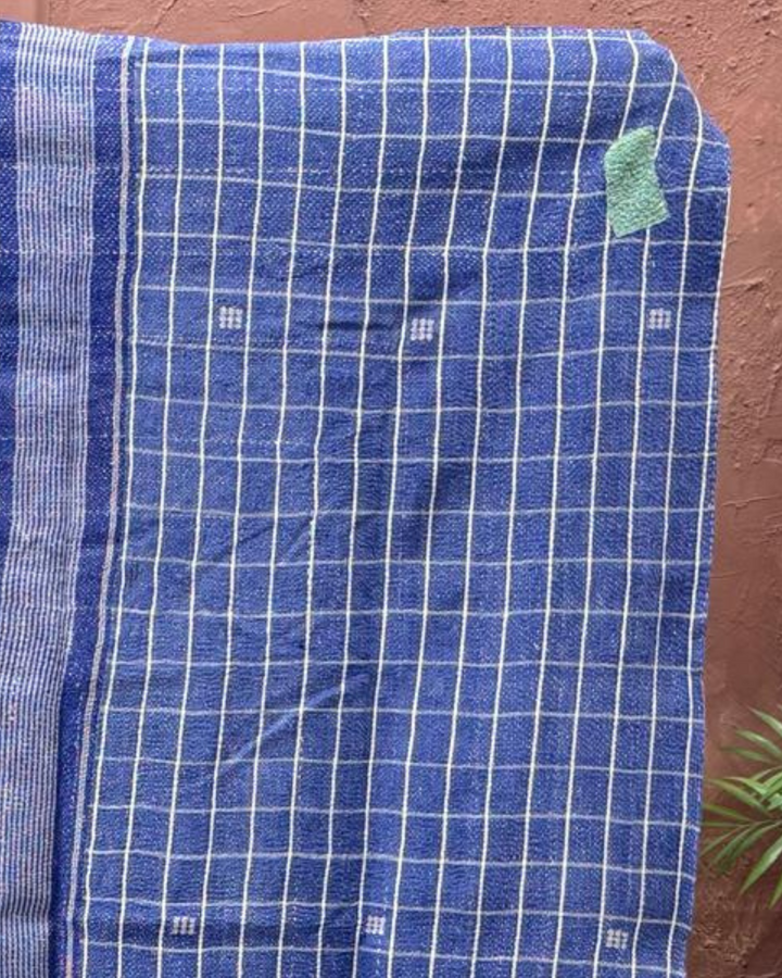 Vintage Hand-Embroidered Kantha Throw – Deep Red & Navy Sari with Windowpane Stitching