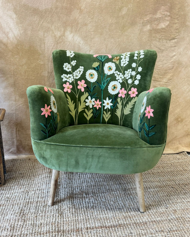 Green Velvet Hand-Embroidered Wingback Armchair