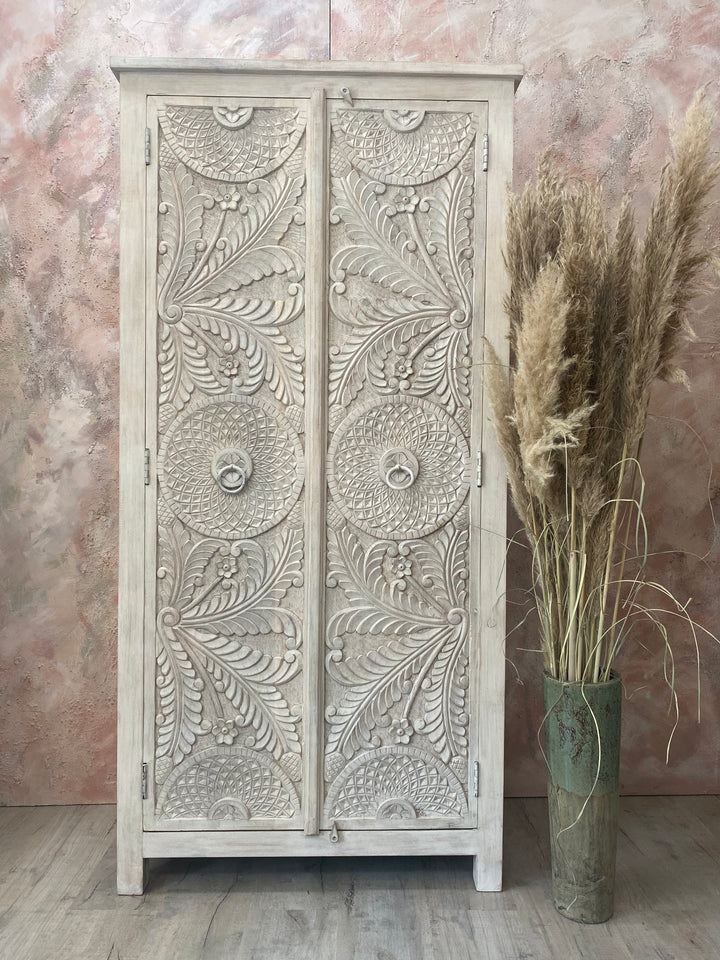 Hand Carved Floral Patterned Armoire / Wardrobe