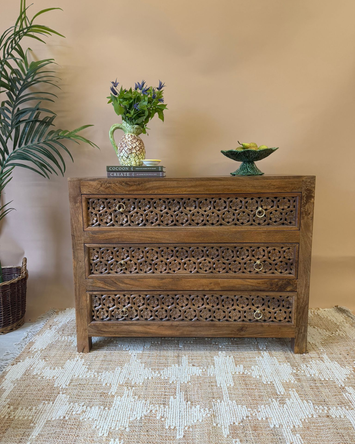 Jali Inspired Hand-Carved Mango Wood Chest of Drawers – Natural Polished Finish