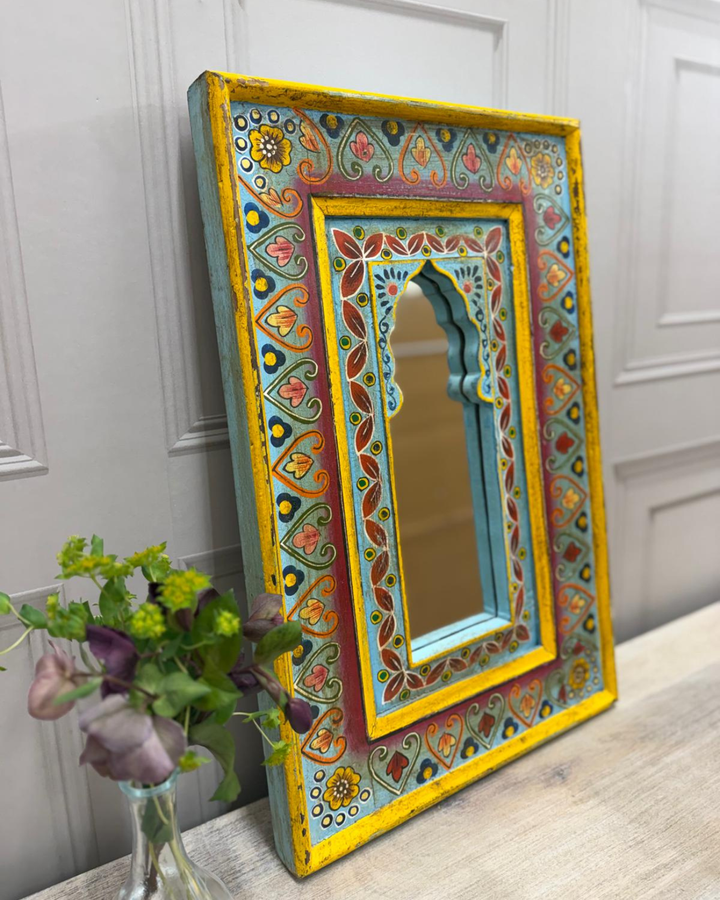 Hand-Painted Vintage Mango Wood Mirror – Arched Floral Frame