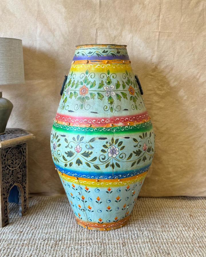 Hand-Painted Iron Pot – Turquoise Floral Design