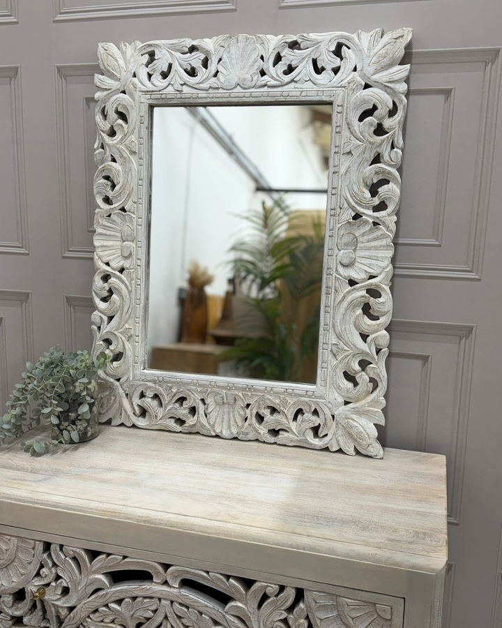 Hand-Carved Mango Wood Mirror – Whitewashed Floral Openwork Frame