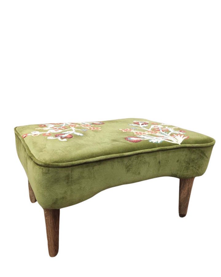 Green Velvet Hand-Embroidered Wingback Armchair & Footstool Set