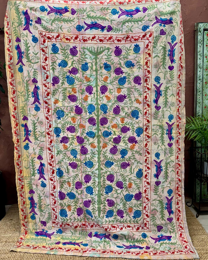 Vintage Hand-Embroidered Kantha Throw – Soft Pastel Sari with Botanical Stitchwork