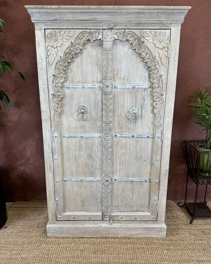 Hand-Carved Mango Wood 2-Door Armoire with Whitewashed Arch Design