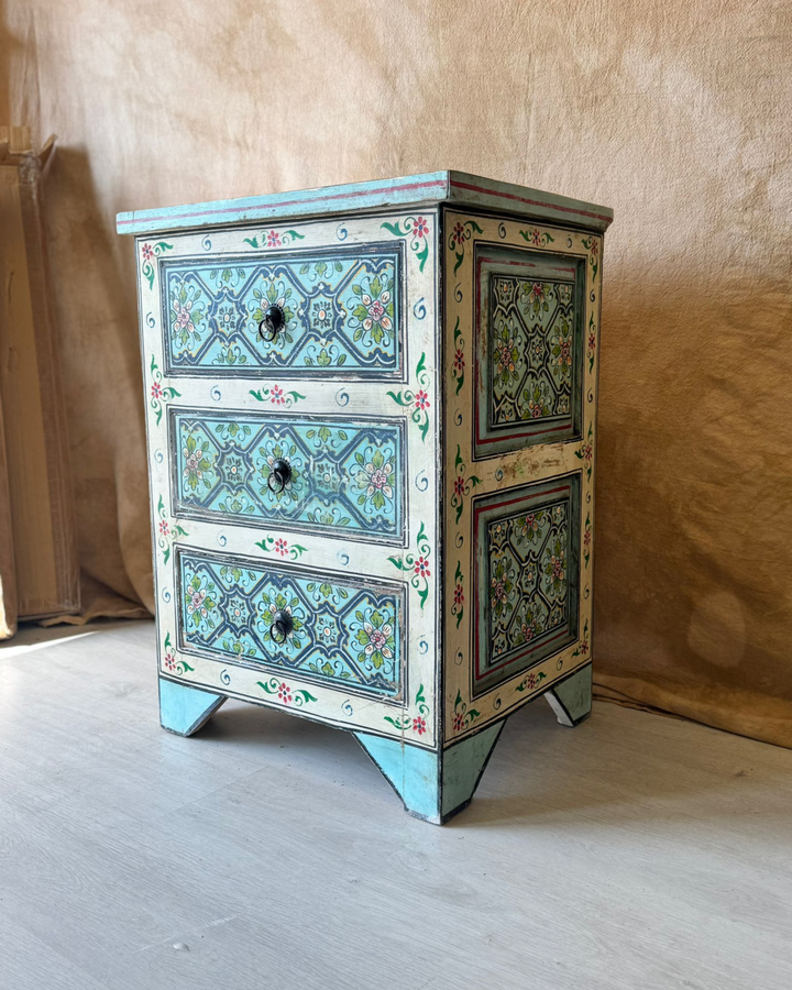Hand-Painted Mango Wood Bedside Table – Blue Floral Design with Angled Legs