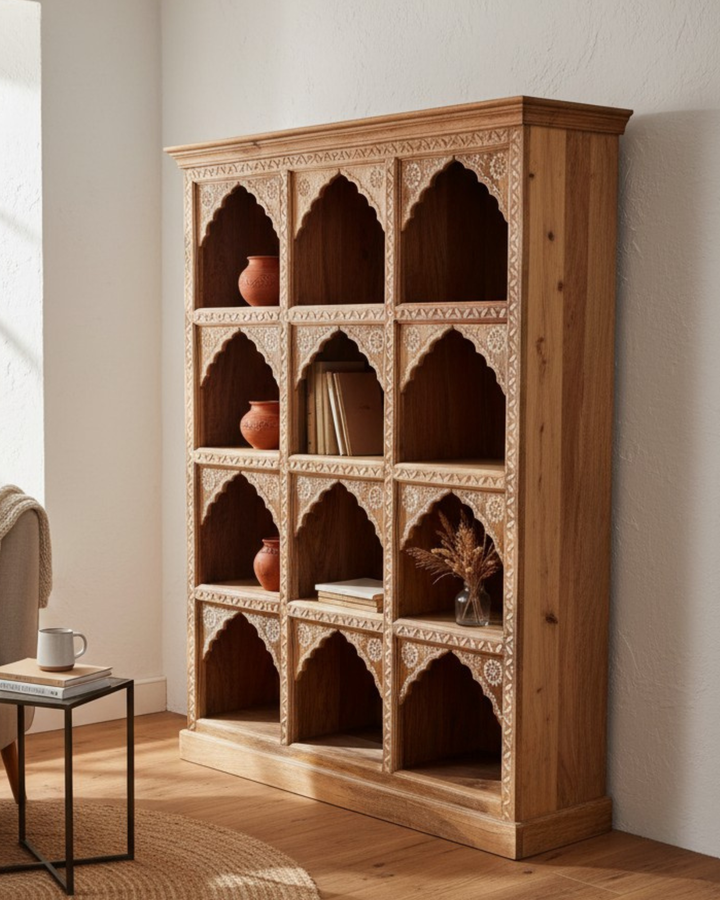 Hand-Carved Mango Wood Bookcase – 12 Arched Shelves in Natural Polished Finish