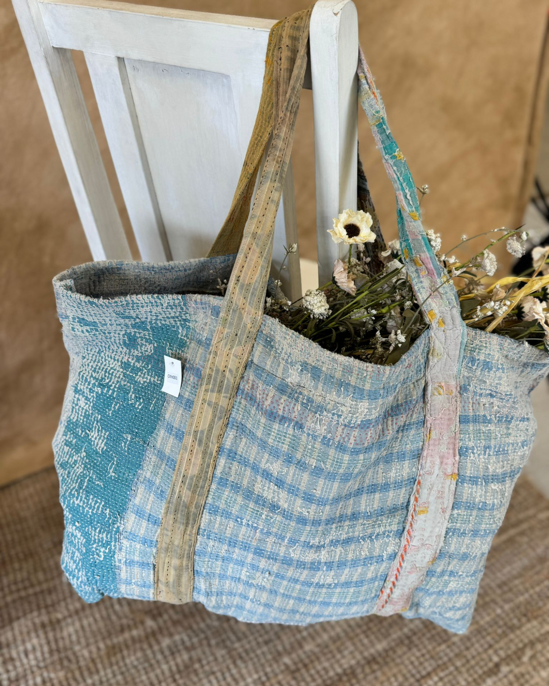 Handmade Upcycled Sari Tote Bag – Soft Blue Check | Multi-Purpose Everyday & Beach Bag