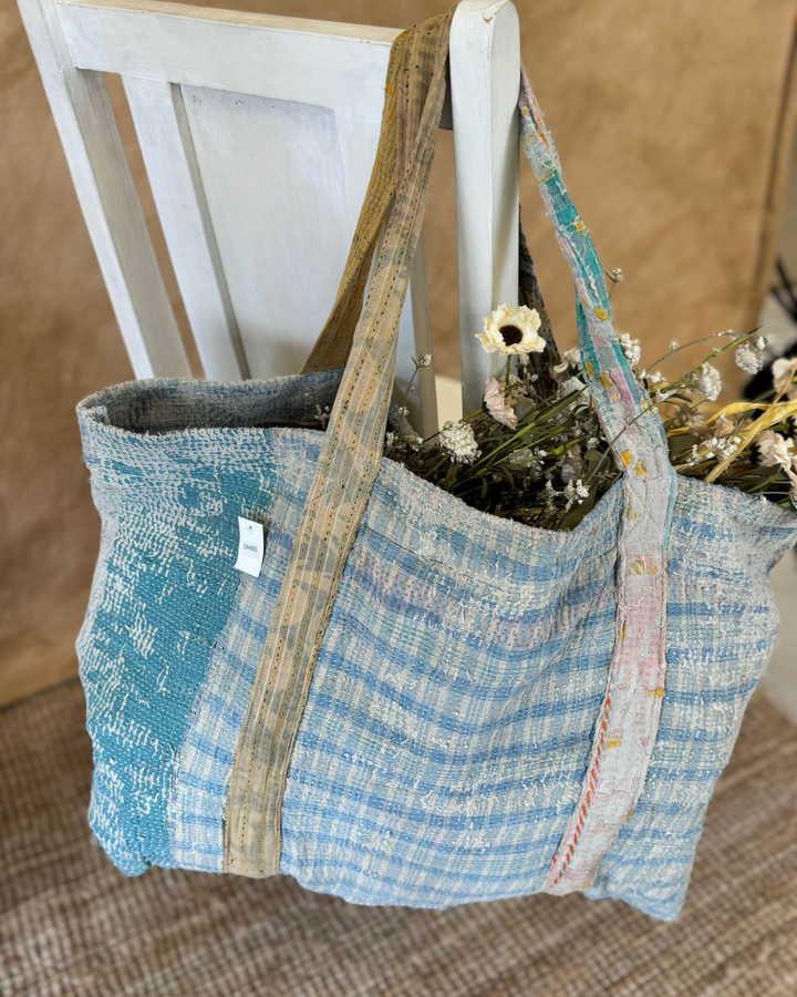 Handmade Upcycled Sari Tote Bag – Soft Blue Check | Multi-Purpose Everyday & Beach Bag