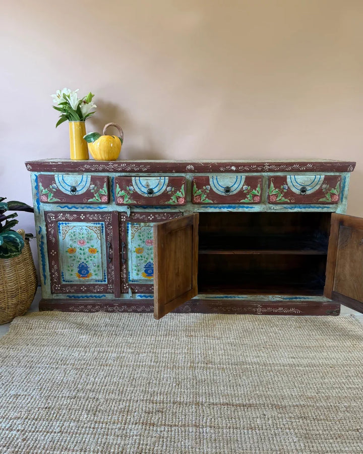 Vintage Hand-Painted Mango Wood Sideboard – 4 Doors, 4 Drawers, Turquoise Finish