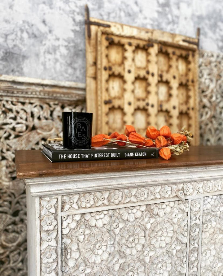 Hand Crafted Whitewashed Sideboard with Ornate Flower Carvings