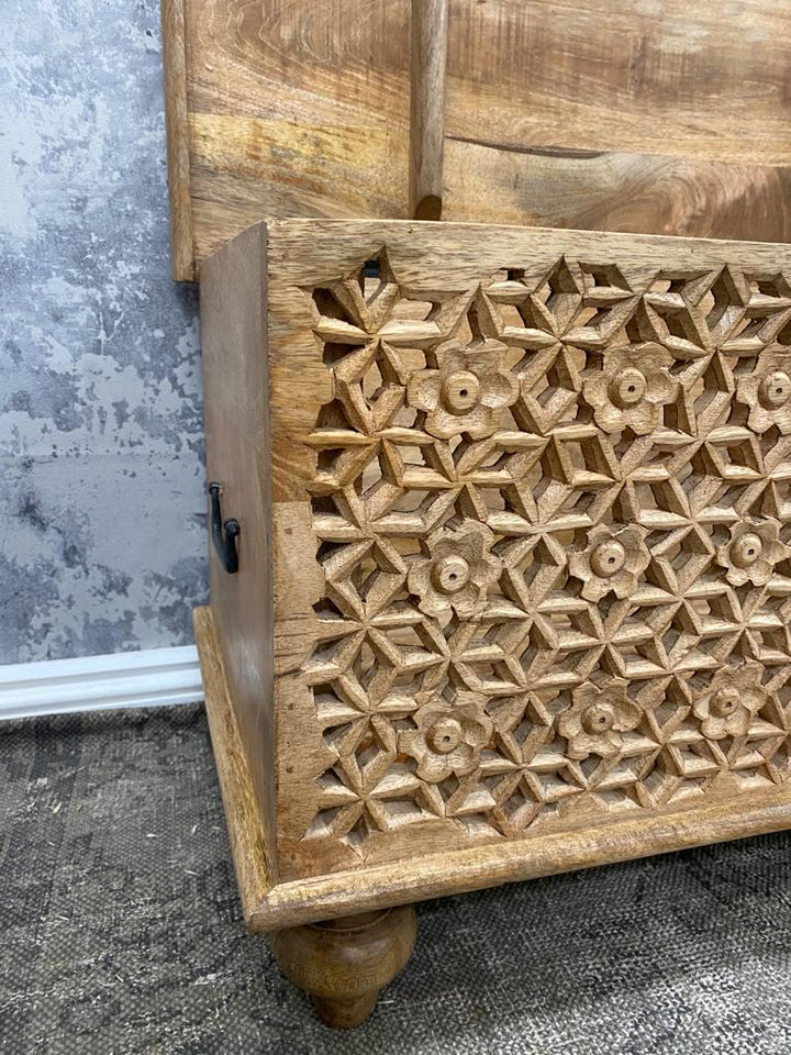 Hand Carved Whitewashed Storage Box with Petal Design