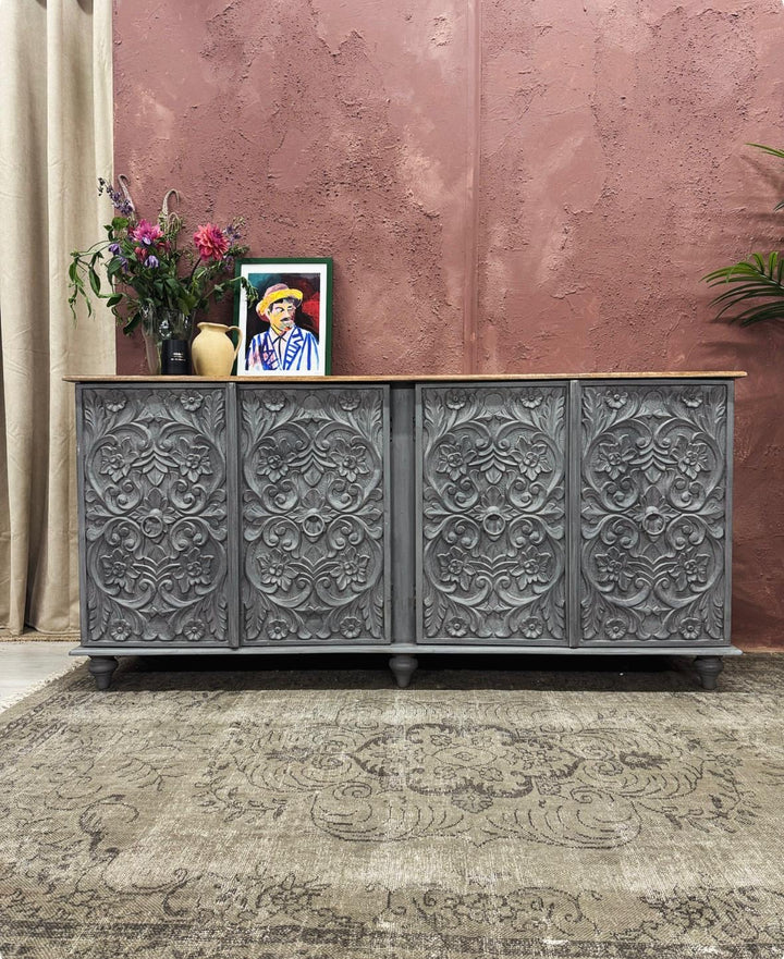 Intricately Hand Carved Mango Wood Four Door Sideboard