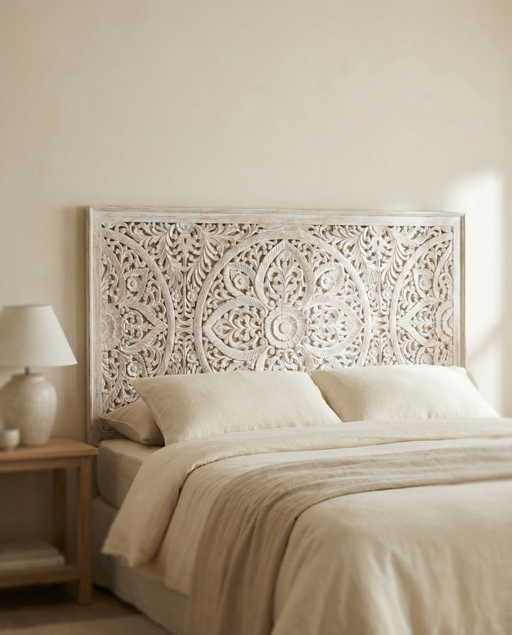 Hand-Carved Mango Wood Headboard – Whitewashed Mandala Design