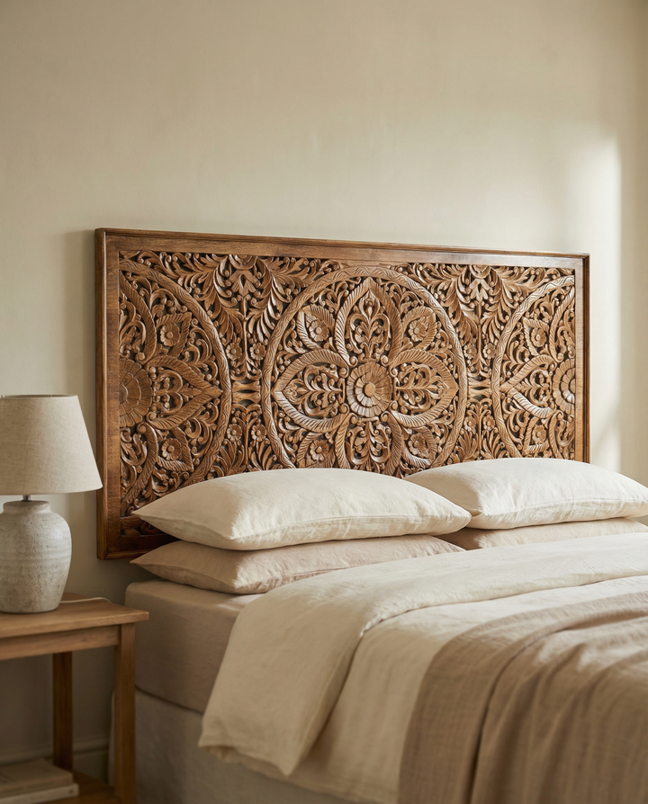 Hand-Carved Mango Wood Headboard – Natural Finish Mandala Design