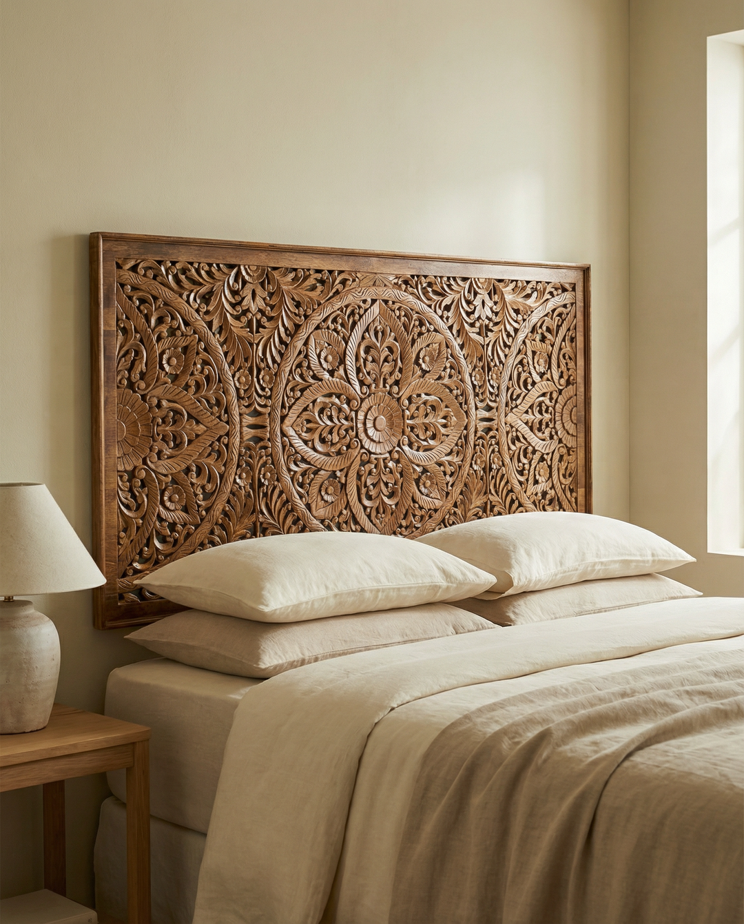 Hand-Carved Mango Wood Headboard – Natural Finish Mandala Design