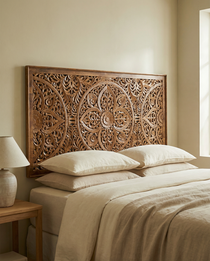 Hand-Carved Mango Wood Headboard – Natural Finish Mandala Design