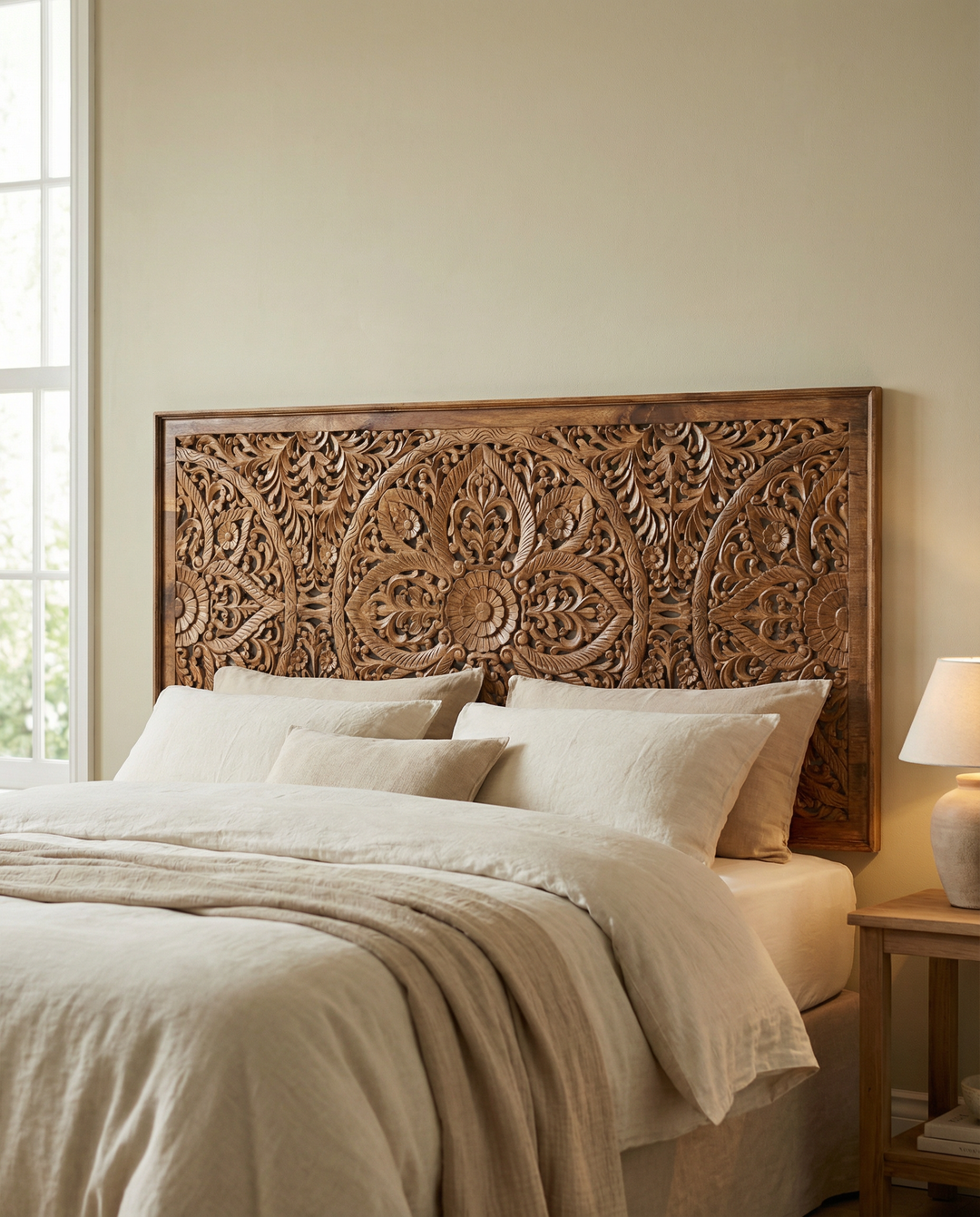 Hand-Carved Mango Wood Headboard – Natural Finish Mandala Design
