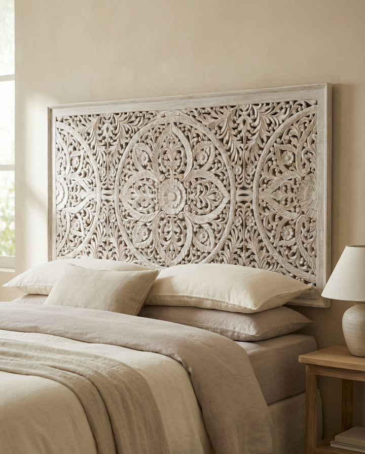 Hand-Carved Mango Wood Headboard – Whitewashed Mandala Design