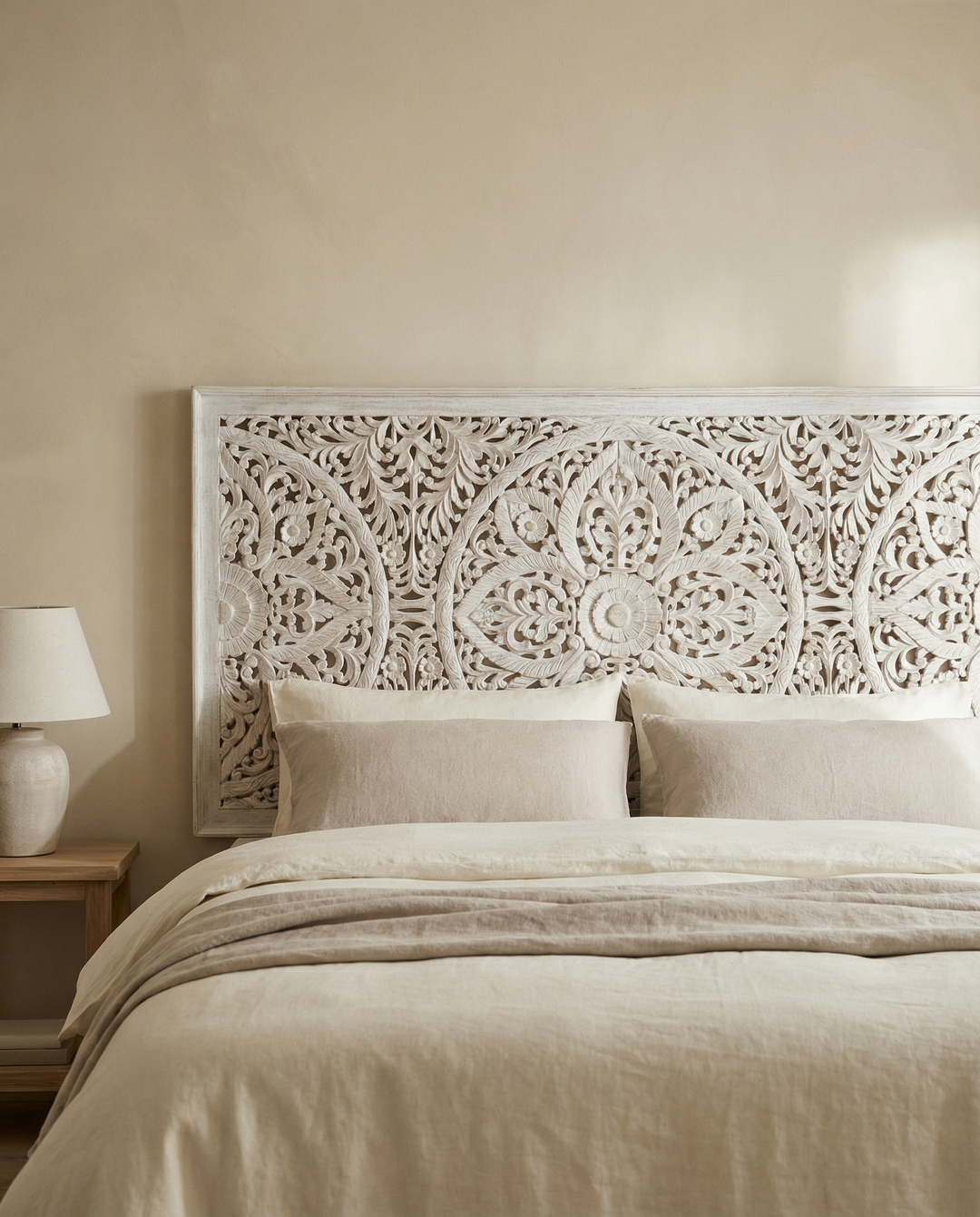 Hand-Carved Mango Wood Headboard – Whitewashed Mandala Design