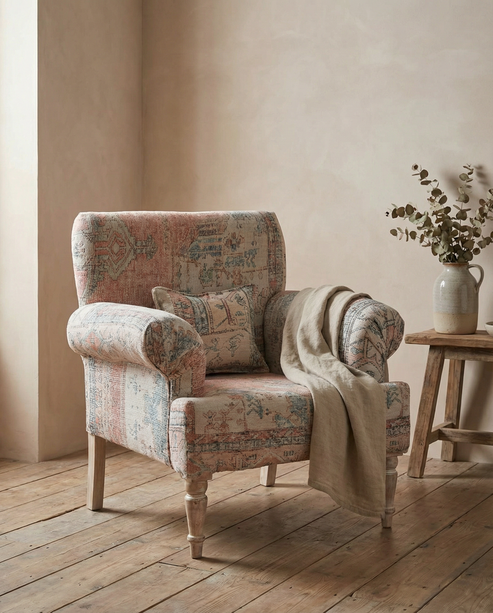 Hand-Woven Upholstered Club Armchair – Scroll Arms with Mango Wood Legs