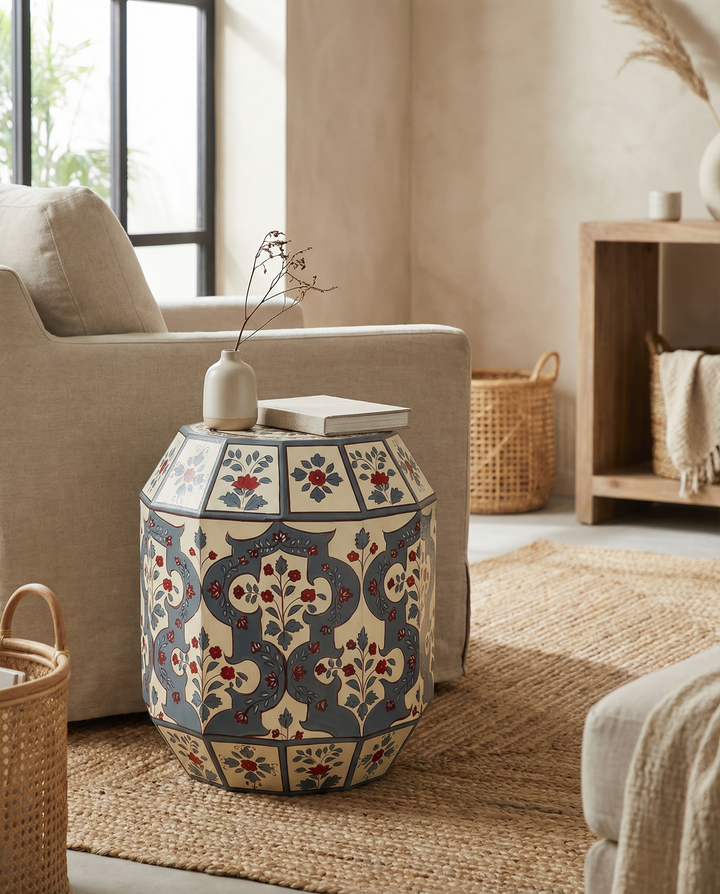 Hand-Painted Mango Wood Accent Table – Floral Octagonal Stool in Blue &amp; Cream