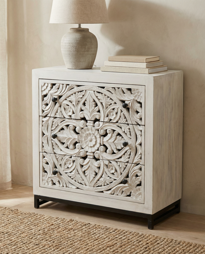 Hand-Carved Mango Wood 3 Drawer Chest – Whitewashed Floral Design