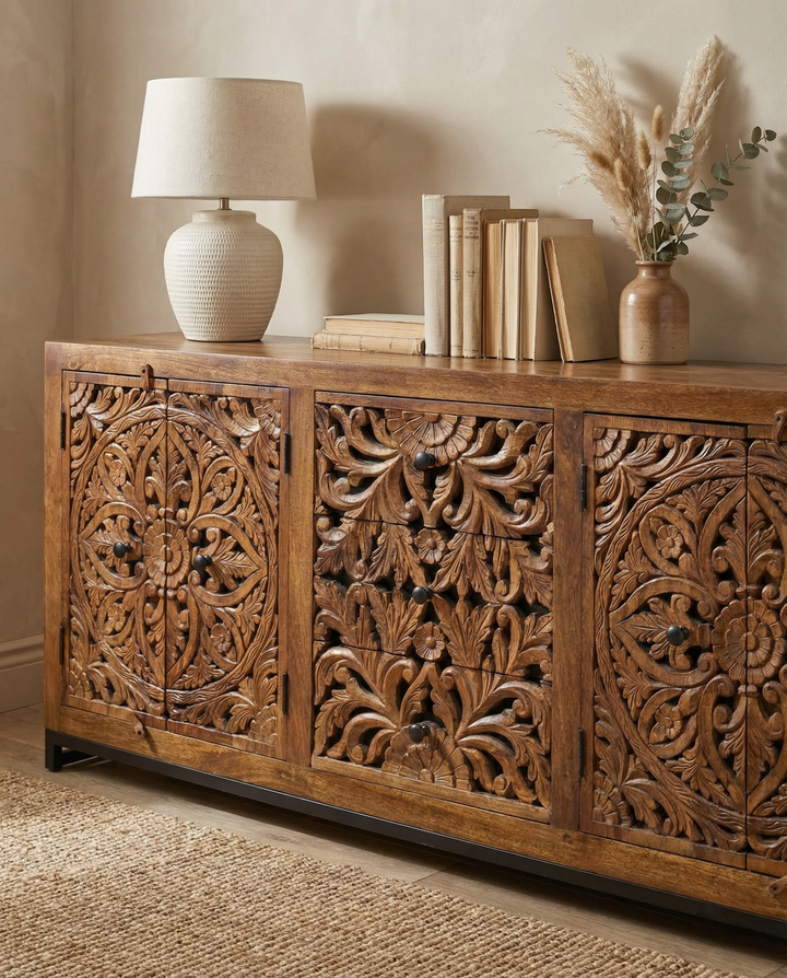 Hand-Carved Mango Wood Sideboard – Natural Finish 4 Door 3 Drawer Design