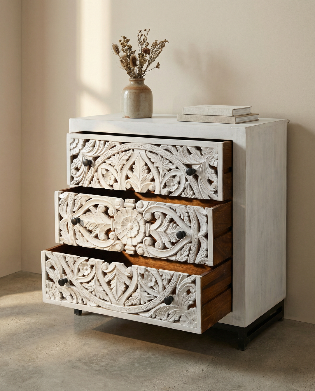 Hand-Carved Mango Wood 3 Drawer Chest – Whitewashed Floral Design