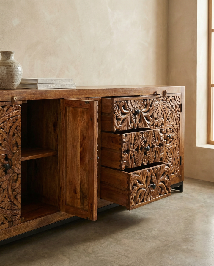 Hand-Carved Mango Wood Sideboard – Natural Finish 4 Door 3 Drawer Design