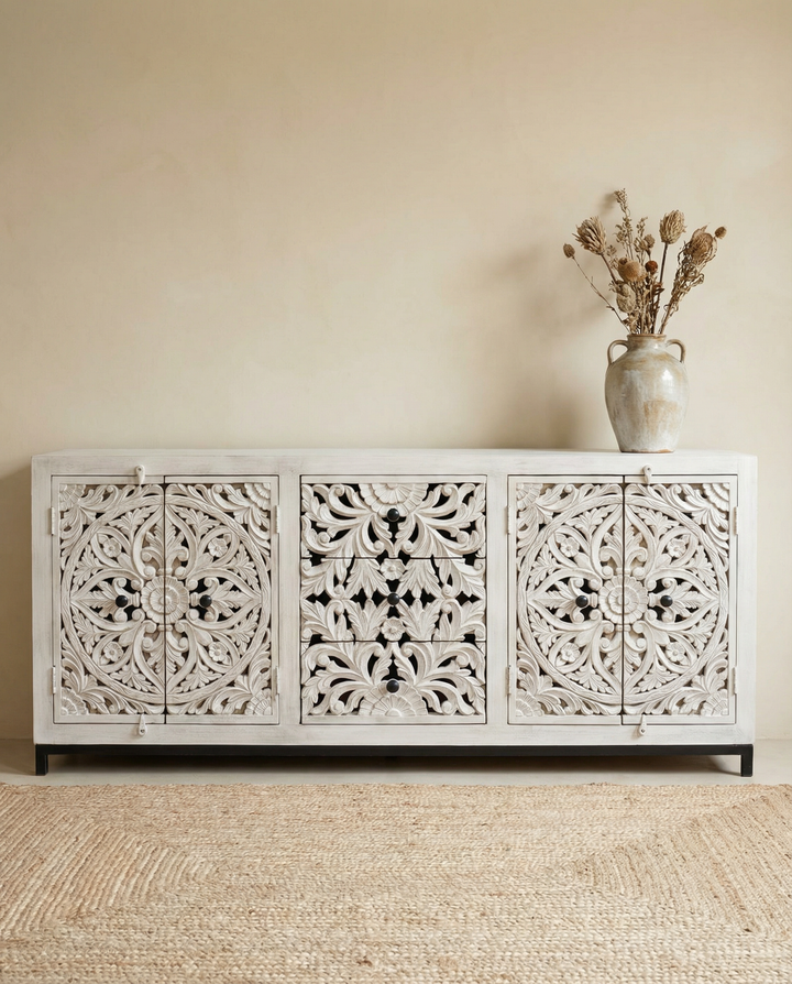 Hand-Carved Mango Wood Sideboard – Whitewashed 4 Door 3 Drawer Design