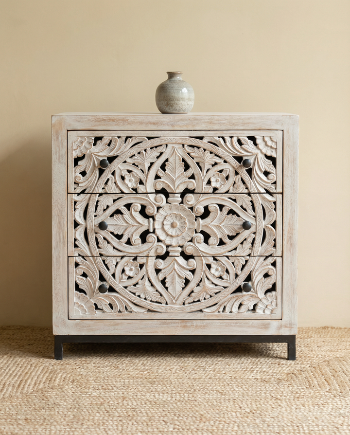 Hand-Carved Mango Wood 3 Drawer Chest – Whitewashed Floral Design