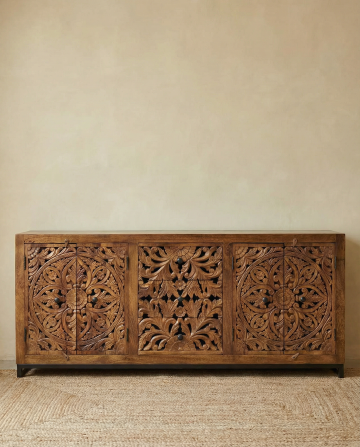 Hand-Carved Mango Wood Sideboard – Natural Finish 4 Door 3 Drawer Design