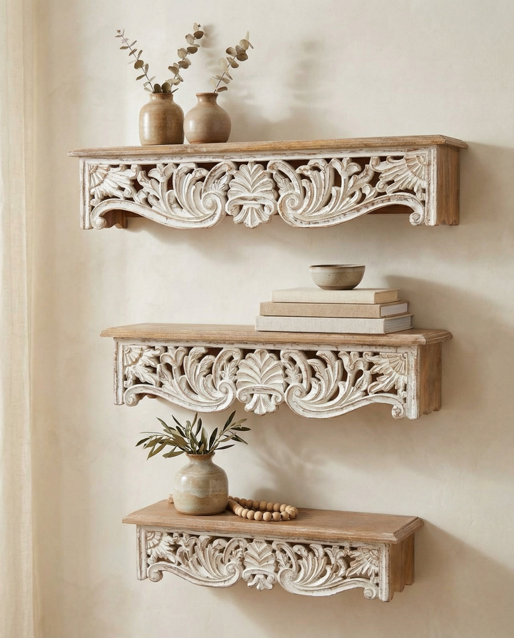 Hand-Carved Mango Wood Wall Shelves (Set of 3) – Whitewashed Carved Detail with Natural Tops