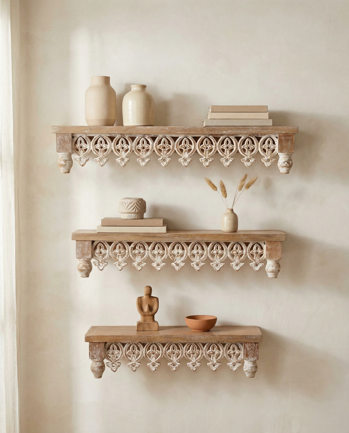 Hand-Carved Mango Wood Wall Shelves (Set of 3) – Ornate Whitewashed Detail with Natural Tops