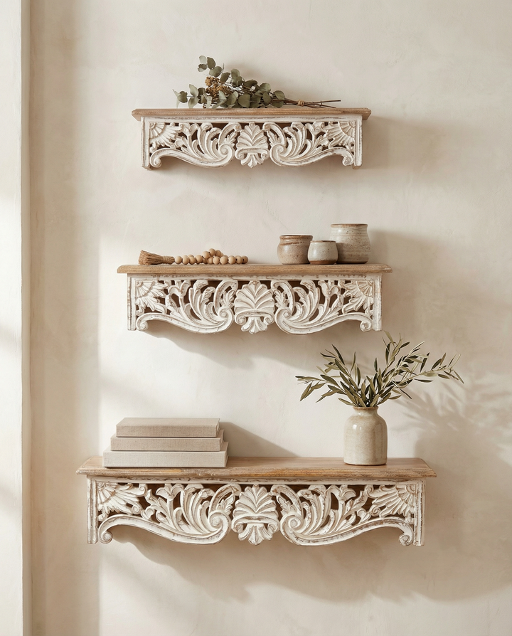 Hand-Carved Mango Wood Wall Shelves (Set of 3) – Whitewashed Carved Detail with Natural Tops