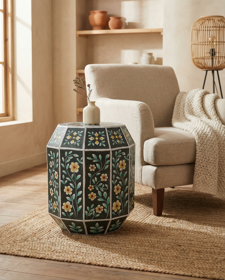 Hand-Painted Mango Wood Accent Table – Floral Octagonal Stool in Black