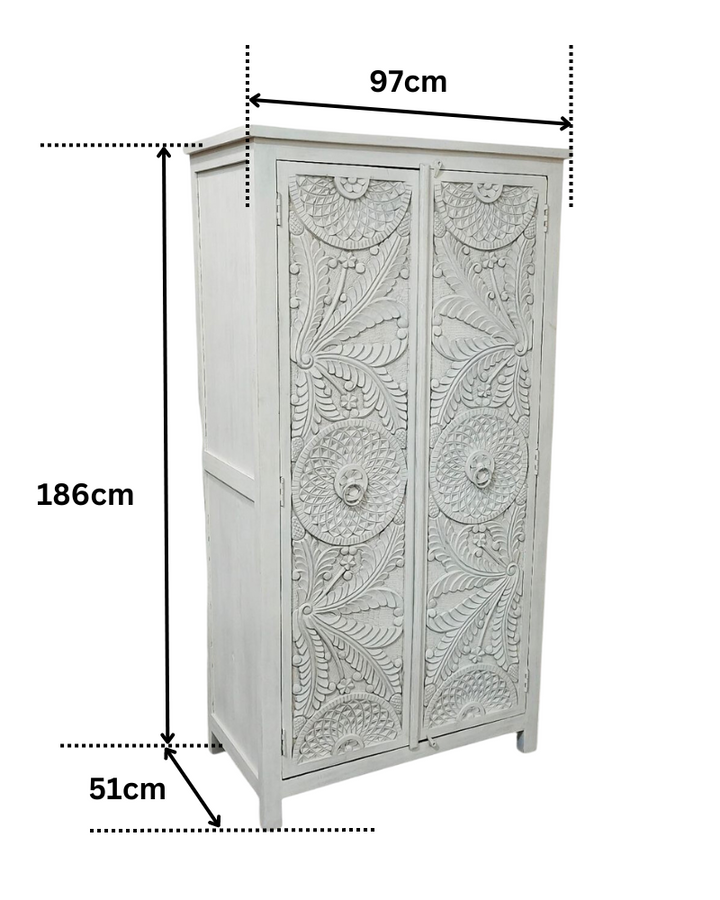 Ornate Floral Mango Wood Patterned Armoire / Wardrobe