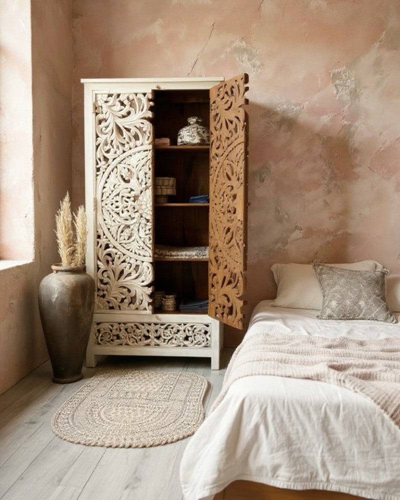 Hand-Carved Mango Wood Armoire – Whitewashed Finish with Symmetrical Floral Design