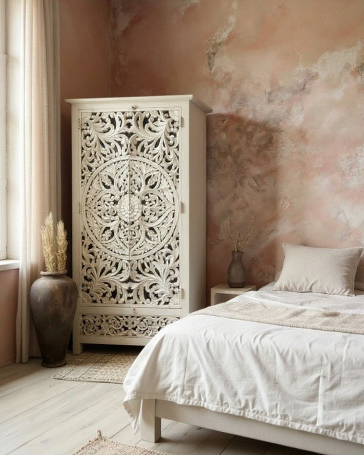 Hand-Carved Mango Wood Armoire – Whitewashed Finish with Symmetrical Floral Design
