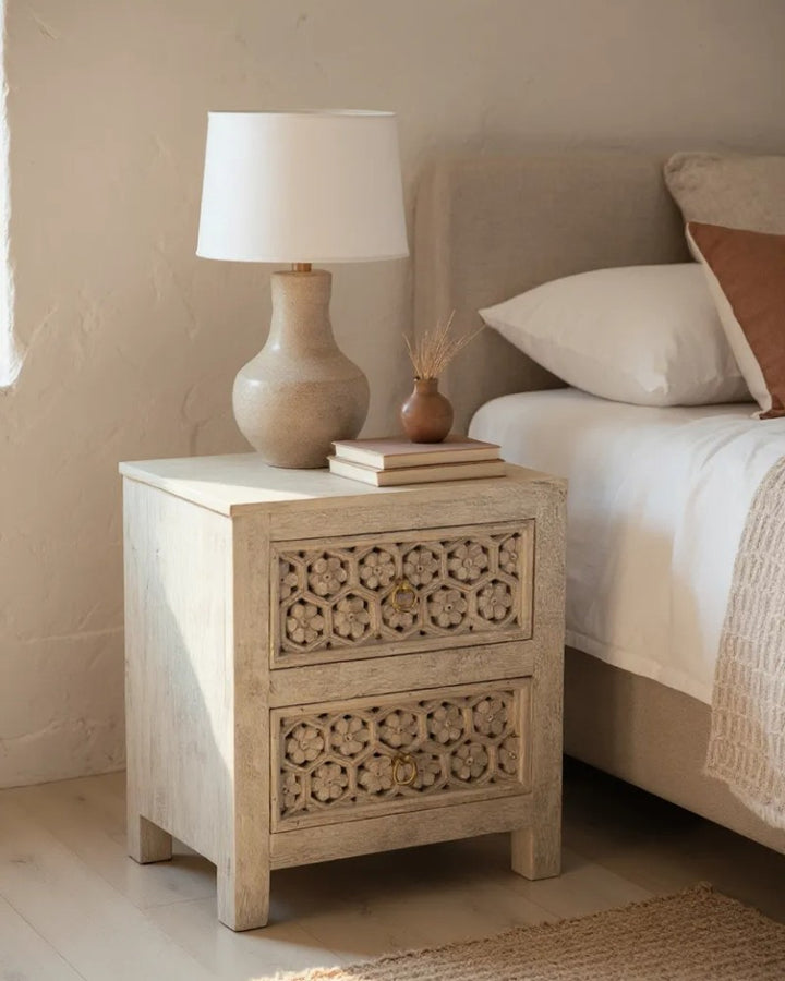 Pair of Hand-Carved Mango Wood Bedside Tables – Petal Design in Creamwash Finish